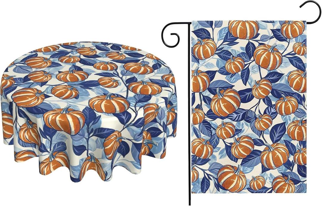 Blue Burnt Orange Fall Tablecloth Round 60 Inch and Fall Garden Flag 12x18 Inch Autumn Harvest Thanksgiving Day Holiday Seasonal Farmhouse for Indoor Outside Party Kitchen Home Decor