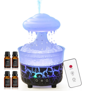 BOHOFAM Aroma Essential Oil Diffuser,Rain Cloud humidifier Simultaneously Water Drip and Air Mist,Rain Diffuser with 4 Hotel Collection Essential Oils for Home,Bedroom,Colorful Light(Black)