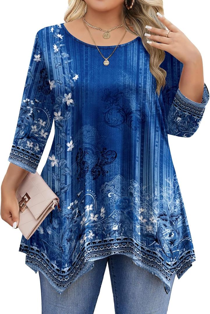 IN'VOLAND Plus Size Tops for Women 3/4 Sleeve Shirts Tunic Tops to Wear with Leggings Loose Fit Summer Fall Clothes (Blue, XXXL)
