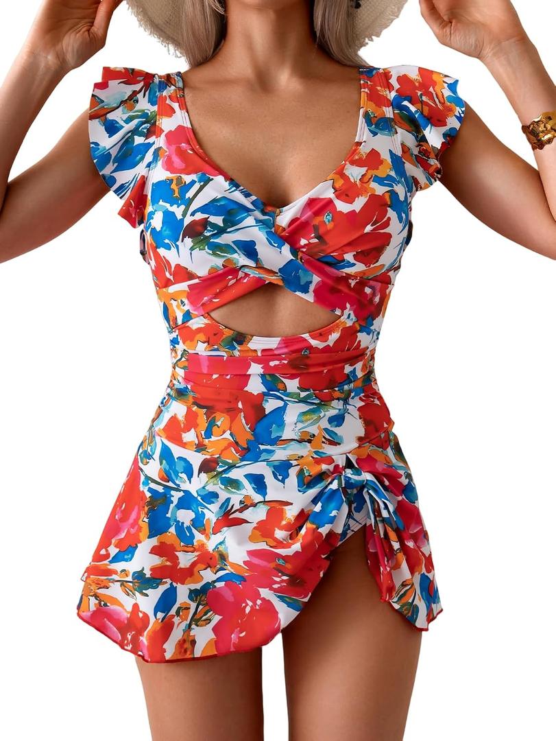 Aidonger One Piece Swimdress Swimsuit for Women Tummy Control Ruffle Swim Dress Skirt V Neck Cutout Wrap Bathing Suit (L)