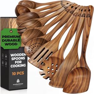 Wooden Spoons for Cooking 10 Pcs Teak Wood Utensil Set, Durable, Nonstick Safe & Heat Resistant with Ergonomic Handles