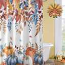 Fall Thanksgiving Shower Curtain Watercolor Autumn Pumpkins Eucalyptus Leaves Waterproof Shower Curtain with Hooks Blue Orange Shower Curtains for Bathroom, Hotel, Stalls, Bathtubs, 72x72 Inch