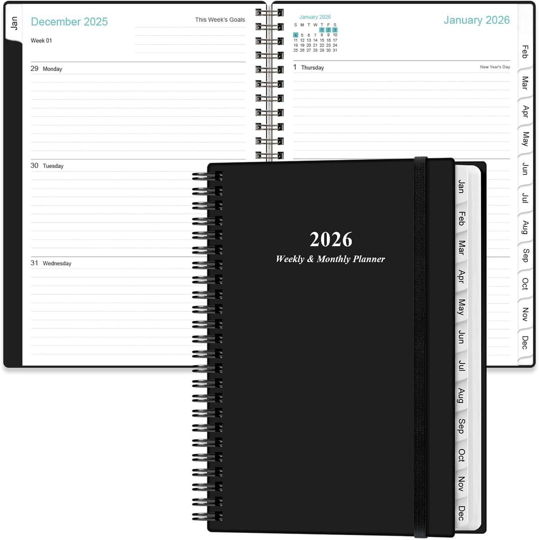Planner 2026 - A5 Weekly & Monthly Planner Spiral Bound, January 2026 - December 2026, with Flexible Cover, Tabs, Inner Pocket, 6.4" x 8.5", Black