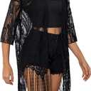 MakeMeChic Women's Lace Sheer Fringe Kimono Hollow Out Top Open Front Long Sleeve Beach Cover Up (Large, Black)