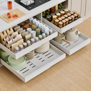 PAKETA 4 Pack Expandable Pull Out Cabinet Organizer, 21'' Deep Pull Out Drawers for Cabinets,Upgrade 3 Slide Rails Sliding Drawer for Kitchen Cabinet Organizer with Adhesive Nano Film (White)