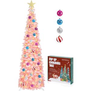 SINTENILL 5 FT Pop Up Christmas Tree with Timer Lights and Decorations, Pink Artificial Tinsel Christmas Tree with 24 Ball Ornaments, Collapsible Pencil Tree for Home, Office, Holiday Party Decor