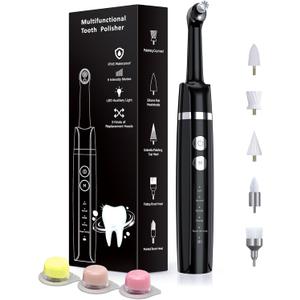 Tooth Polisher, Rechargeable Tooth Whitening Kit for Teeth Cleaning and Whitening, with 3 Tooth Polish Paste and 5 Brush Heads, LED Light, Easy to Use at-Home Personal Dental Care Kit (Black)