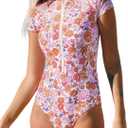 CUPSHE One Piece Swimsuit for Women Mock Neck Zipper Short Sleeve Bathing Suit (Medium, Pink Floral)