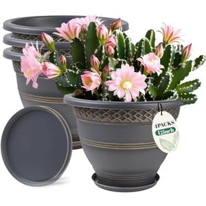 4 Pack 12 Inch Large Plant Pots, Plastic Flower Pot for Indoor & Outdoor with Drainage Holes & Saucer, Plaid Pattern Planters Garden Pots for Herbs (Gold)