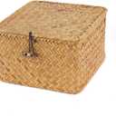 Wicker Shelf Baskets with Lid, Handwoven Seagrass Storage Basket Bins Square Gift Boxes for Shelves Home Decor Organizer (Natural, X-Small)