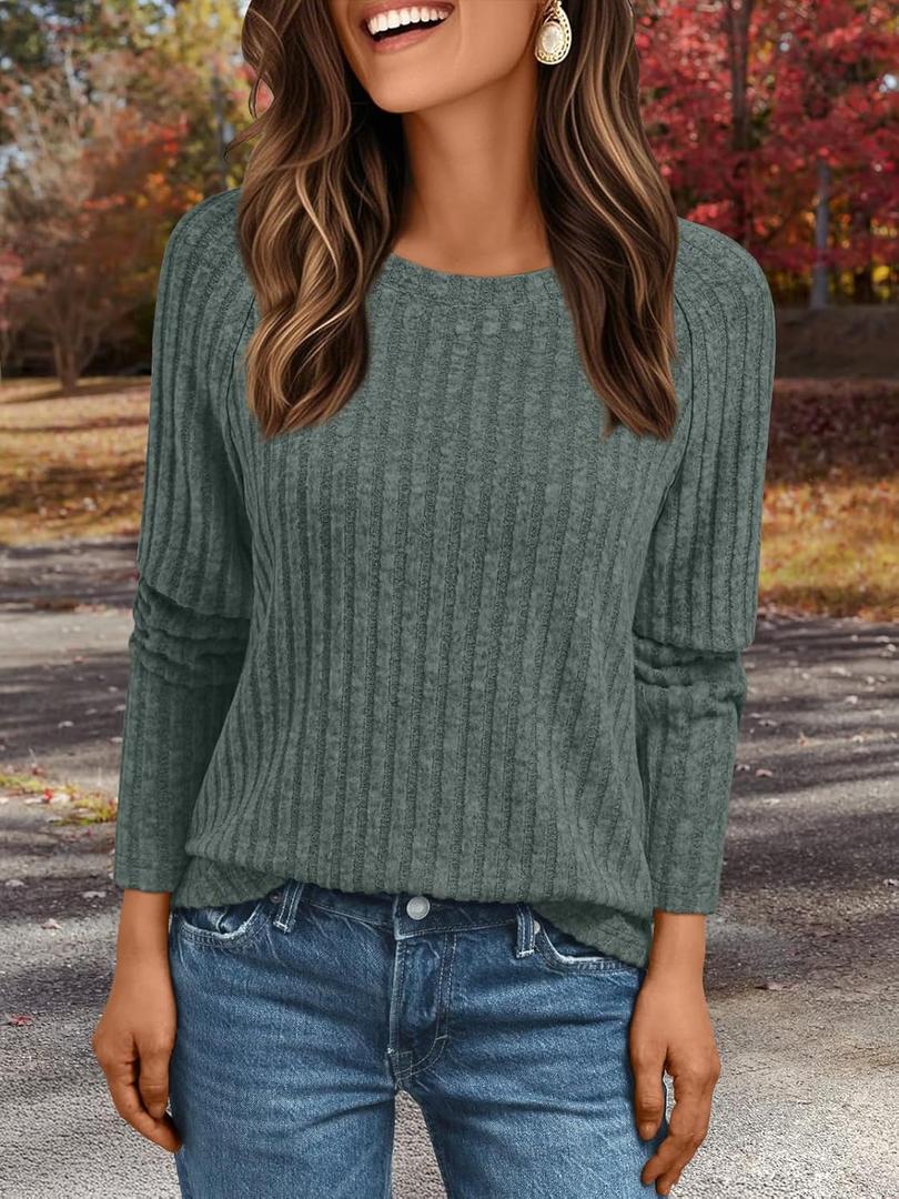 Womens Long Sleeve Shirts Dressy Casual Crewneck Tunic Tops Basic Sweatshirts Fall Fashion Clothes Trendy Outfits 2025 (Large, Green)