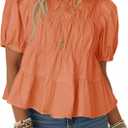 Tankaneo Womens Puff Sleeve Peplum Babydoll Tops Summer Flowy Pleated Cotton T-Shirts Casual Loose Fit Cute Blouse XL
