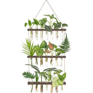 Mkono Plant Propagation Tubes, 3 Tiered Wall Hanging Terrarium with Wooden Stand & 21 Test Tube Vases for Hydroponic Plant Cutting & Home/Office Decor (Large, Brown)