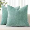 decorUhome Chenille Aqua Haze Throw Pillow Covers 18x18 Inch Set of 2, Decorative Soft Couch Pillow Covers Solid Dyed Accent Velvet Farmhouse Neutral Square Pillow Cases for Sofa Bed Living Room