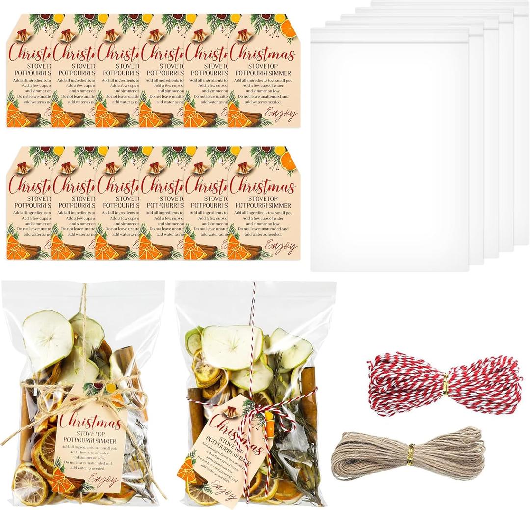 24 Set 50 Pcs Christmas Potpourri Cellophane Bags Resealable Closure Potpourri Gift Bags Stovetop Simmer Instruction Tags DIY Crafting Stovetop Simmer for Home Christmas Party Gift Decor Friend