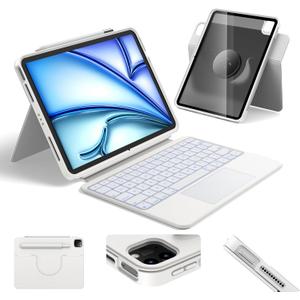 HOU iPad Air 11 Case with Keyboard (M3 2025, M2 2024) Detachable Rotatable Magnetic Full Protection Case, 7-Color Backlight, Touchpad, Elastic Pen Holder for iPad Pro 11 (4th-1st) & Air (5/4th)White