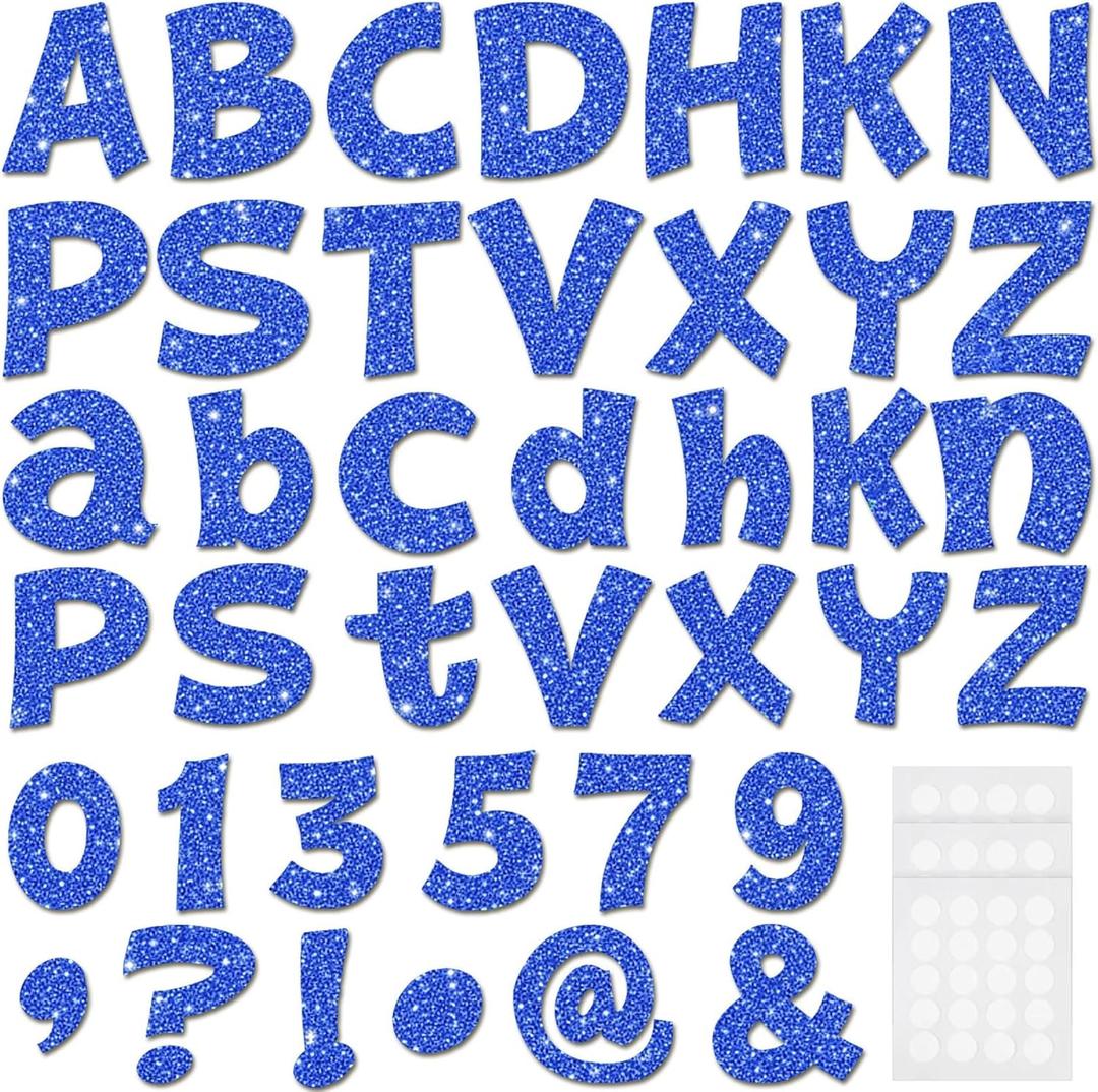 Colarr 216 Pcs Glitter Bulletin Board Letters for Classroom Number Alphabet Punctuation Symbol Cutout 4'' Die-Cut Poster Letter with Adhesive Dot School Graduation Party Holiday Decor Display(Blue)