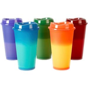 16Oz 5 Pack Color Changing Cups - Reusable Plastic With Lids for Coffee, Juice - Quality Cups for Kids and Adults Parties and Birthday