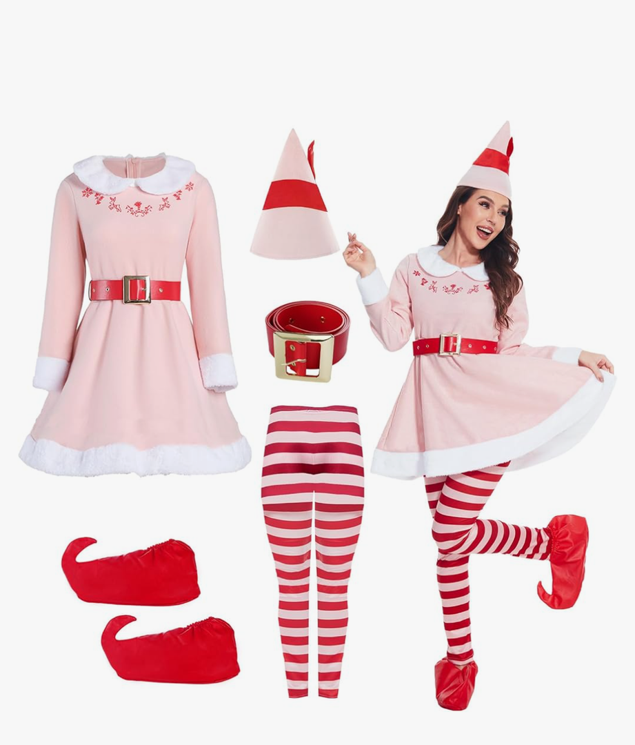 PWQMGY Elves Costume for Women Christmas Elves Outfit with Hat & Accessories,Halloween Christmas Cosplay Costumes for Adults M