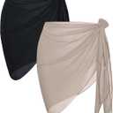 CHICGAL 2 Pieces Women Beach Sarong Bathing Suit Wrap Skirt Sheer Bikini Swimsuit Cover Ups for Swimwear (Black & Light Khaki)