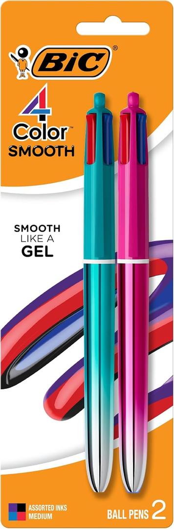 BIC 4 Color Smooth Gradient Retractable Ballpoint Pen, 1.0 mm Medium Point, 2-Count in Assorted Ink (Purple, Black, Blue, Red Ink)