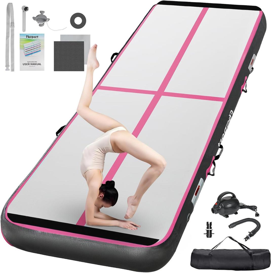 FBSPORT Inflatable Air Gymnastics Mat Training Mats 4/8 inches Thickness Gymnastics Tracks for Home Use/Training/Cheerleading/Yoga/Water with Pump (13.12ft*3.3ft*4in(4*1*0.1m), Black Pink)