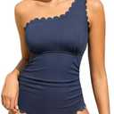 Summer Mae One Shoulder Women's One Piece Swimsuit Ribbed Scalloped Swim Suits Slimming Full Coverage Modest Bathing Suit, 12