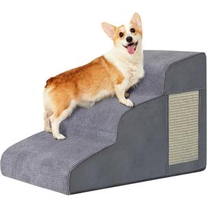 Pet Stairs, Dog Stairs for Small Dogs, Dogs Steps, 3-Step Curved Dog Ramp for Bed, Couch, Sofa, Car and Chairs, Non-Slip Bottom Design, Cat Scratching Board, High Density Foam Portable Pet Step, Grey