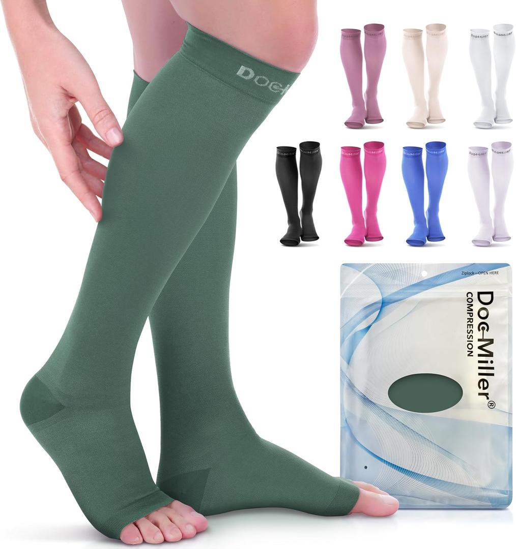 Doc Miller Open Toe Compression Socks, 20-30 mmHg, Toeless Compression Sleeves for Legs, Knee High Stockings for Shin Splints, Varicose Veins, Travel, Calf Support & Muscle Recovery, Men & Women, Pair,XL