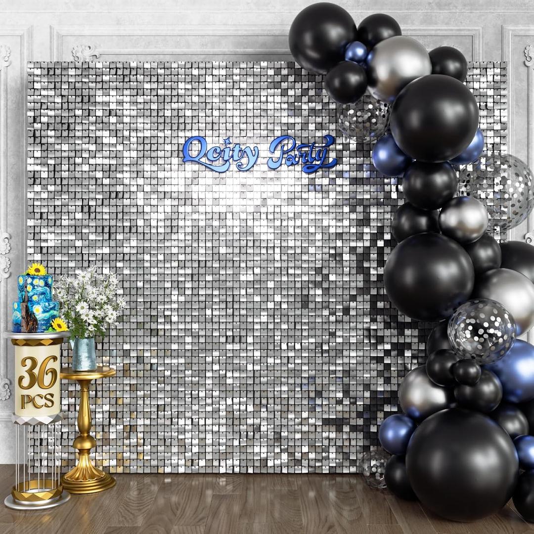 Silver Shimmer Wall Backdrop 36PCS, Black Back Not See-Through Design, Square Sequin Glitter Backdrop Panel, Perfect for Outdoor Events, Birthdays, Wedding and Party Decoration