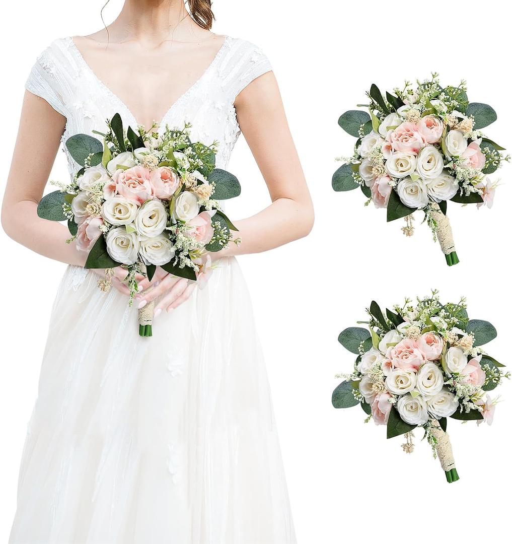Bridesmaids Bouquets for Wedding - Set of 2 Realistic Artificial Rose Eucalyptus Silk Bride Flowers for Bridal Shower Ceremony Decorations - Pink