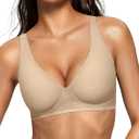 OEAK Womens Deep V Bras Wireless Comfortable Bra Supportive No Underwire Bras Tshirt Push Up Bralettes Plunge Seamless Bra (X-Large, Semolina)