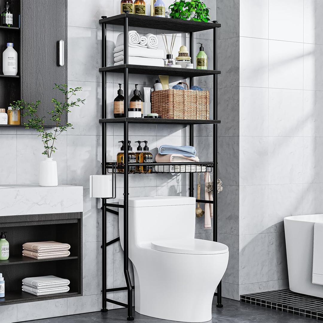 Over-The-Toilet Storage Rack, 4-Tier Bathroom Organizer Shelf Over Toilet with Adjustable Shelf and Basket, Freestanding Space Saver Bathroom Shelves Above Toilet for Room (Black) (Round Tube - Black)