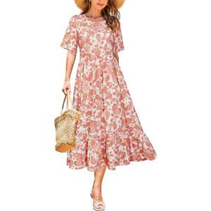 STYLEWORD Women's Summer 2026 Casual Short Sleeve Tiered Flowy Spring Dress Long Midi Beach Sundress Vacation Outfits (Large, White Apricot Floral)