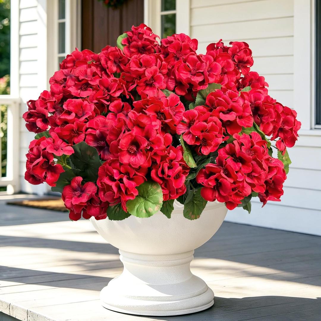 Roberly 6 Pcs Artificial Flowers for Outdoors, Red Fake Geranium Flowers UV Resistant Realistic Silk Faux Plants for Spring Summer Front Door Yard Window Box Indoor Home Decor