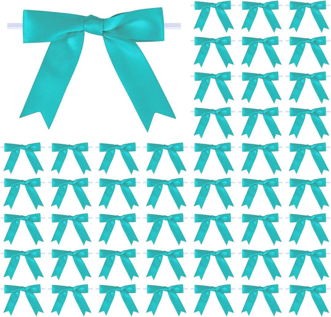 Meseey 50 Pcs 3 Inches Twist Tie Satin Ribbon Bows Teal Pretied Premade Craft Bows for Treat Bags Gift Wrapping Basket Wedding Baby Shower Brithday Christmas Party (3", Teal)