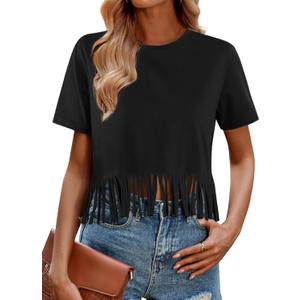 Remidoo Fringe Tops for Women Short Sleeve Crop Top T Shirt Western Cowgirl Cropped Tee (Black, S)