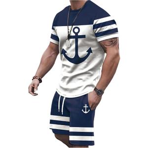 WDIRARA Men's 2 Piece Outfits Anchor Print Striped Tracksuits Short Sleeve T Shirt and Drawstring Shorts Sets (X-Large)