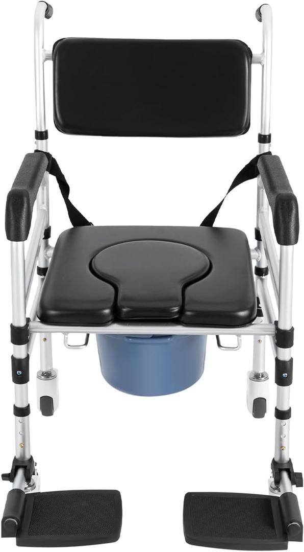 Shower Chair with Wheels, Rolling Commode Chair for Toilet with Arms, Adjustable Height Folding Bath Commodes for Inside Shower, Bedside Wheelchair Bathroom Chairs for Elderly Disabled Injured