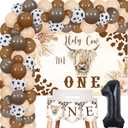 JOYMEMO Brown Highland Cow 1st Birthday Decorations Boy Girl, Holy Cow I'M One Birthday Decor - Balloons Garland Arch Kit with Cowboy One Highchair Banner, Highland Cattle Farm Theme Party Supplies