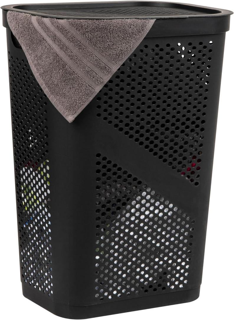 Mind Reader Slim Laundry Hamper with Lid, 60L Clothes Basket, Ventilated Plastic, Black (Single)