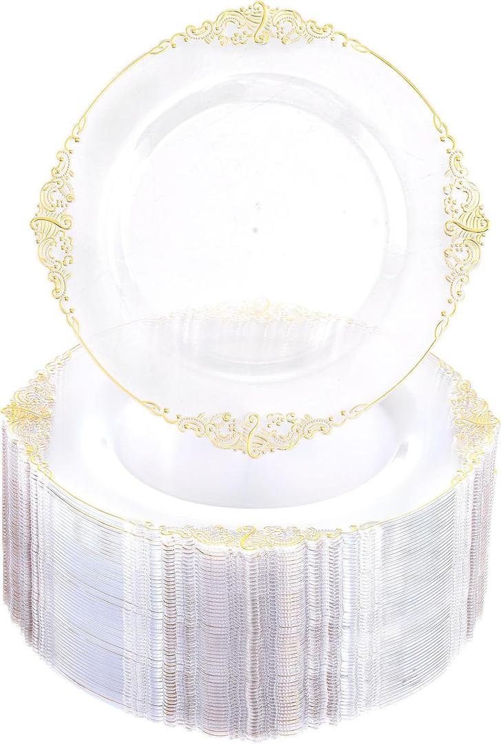 Morejoy 100pcs Gold Plastic Plates - Clear Gold Disposable Plates - 7.5 inch Clear and Gold Dessert Plates, Clear Plastic Plates with Gold Rim for Weddings & Parties & Shower