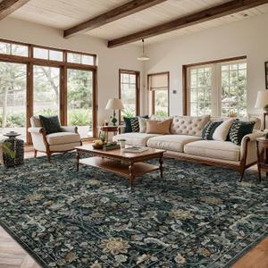 Green 9x12 Area Rug: Vintage Floral Washable Rugs for Living Room Bedroom Dining Room - Soft Non-Slip Stain Resistant Low Pile Carpet Under Kitchen Table Office Indoor - Dark Green