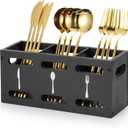 2 x Grey Washed Mango Wood Flatware Caddy with Metal Handles - 3 Compartment Organizer Box for Silverware, Sauce Spoon, Tongs and More (BLACK)