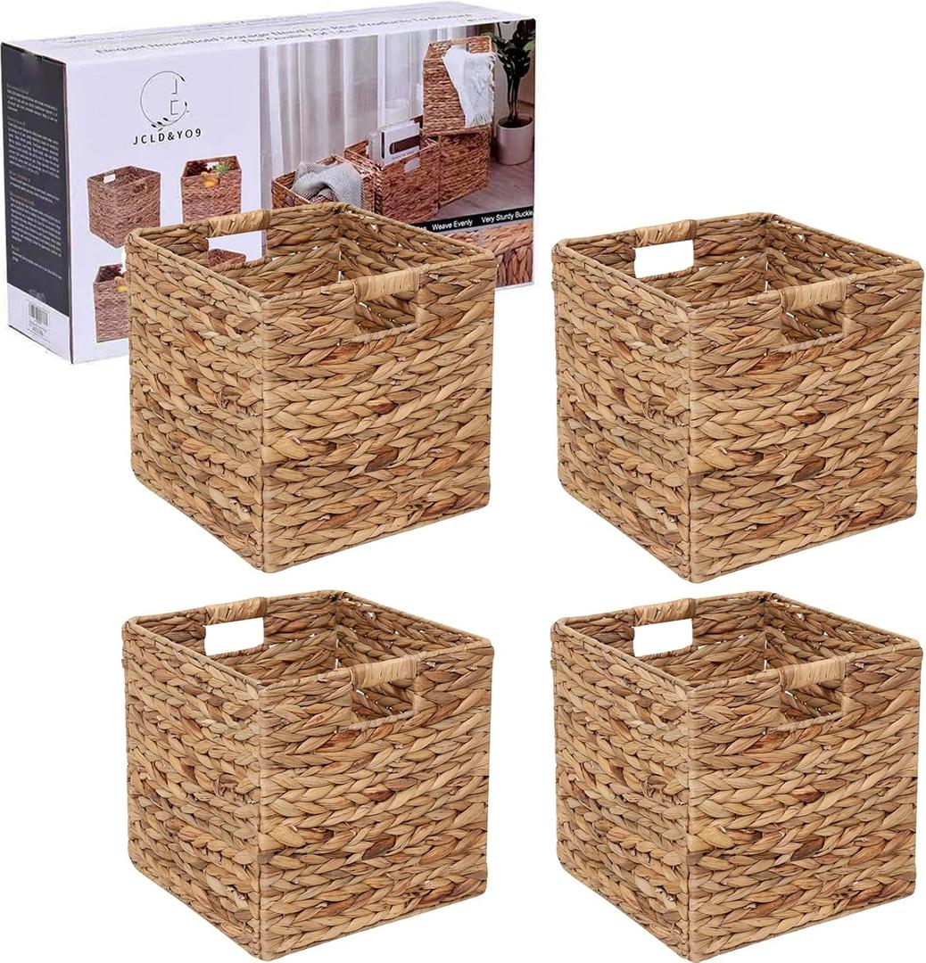 12x12in Storage Baskets Set of 4 Water Hyacinth Baskets,Foldable Handwoven Storage Cubes,Wicker Cube Baskets Laundry Organizer Totes for Home