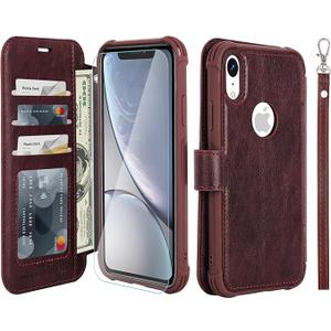 VANAVAGY Compatible for iPhone XR Wallet Case for Women Men, PU Leather Flip Phone Cover with Wrist Strap for Wireless Charging with RFID Blocking Card Holder Screen Protector, Burgundy