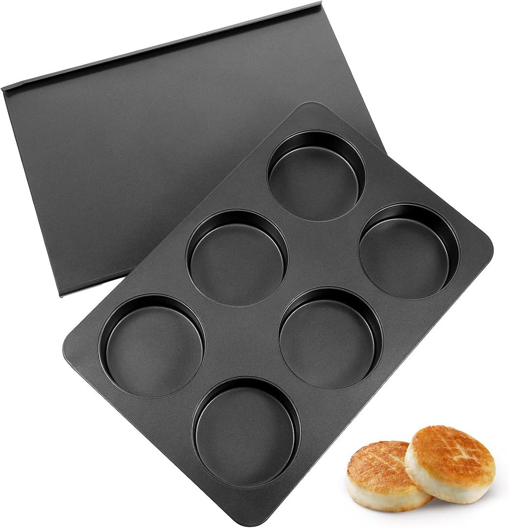 6 Cup Straight Side Jumbo English Muffin Cupcake Pan with Lid Hamburger Burger Bun Egg Sandwich Frittata Cinnamon Roll Focaccia Quiche Pancake Nonstick Baking Tin Tray