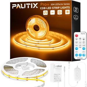 PAUTIX COB LED Strip Light 2000K Warm White,3087LEDs DC24V Dimmable LED Strip Light 20ft/6.1m,High Lumen Tape Light Kit with RF Remote Timer Function and 48W Power Supply for Home,Kitchen DIY Lighting