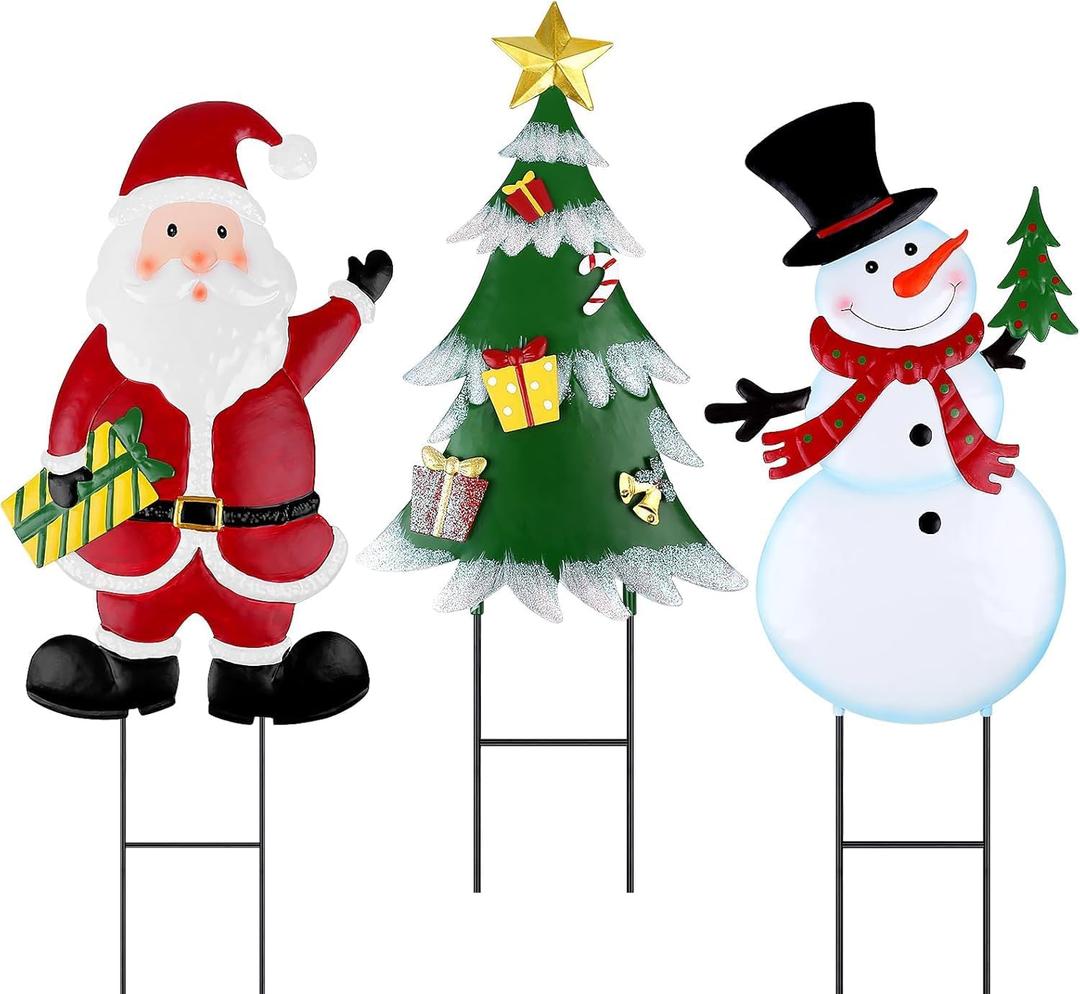 3 Pcs Christmas Decorative Metal Stakes Outdoor Christmas Decor Metal Xmas Snowman Santa Claus Tree Yard Decorations for Garden Lawn Yard Signs