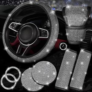 NBTEPEM 8 pcs Bling Car Accessories Set for Women, Steering Wheel Cover, Sparkly Seat Belt Covers, Bling Gear Shift Cover, Universal Fit Most Cars (Silver Diamond)